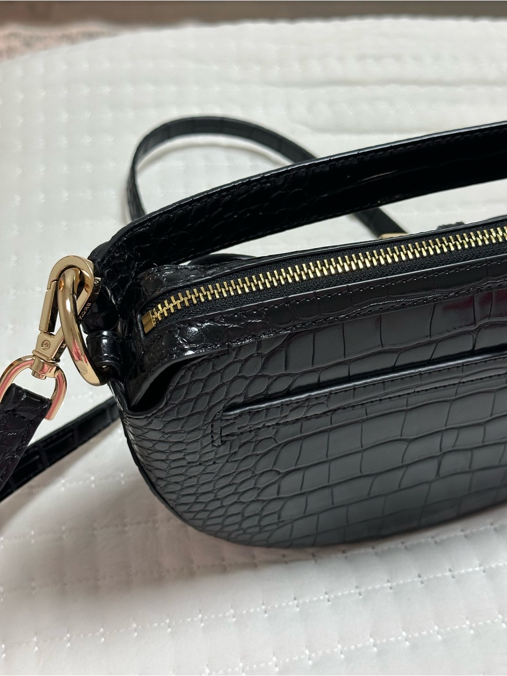 Michael Kors Black Croc-Embossed Half Moon Mini Shoulder Bag with Gold Hardware - Picture 7 of 7